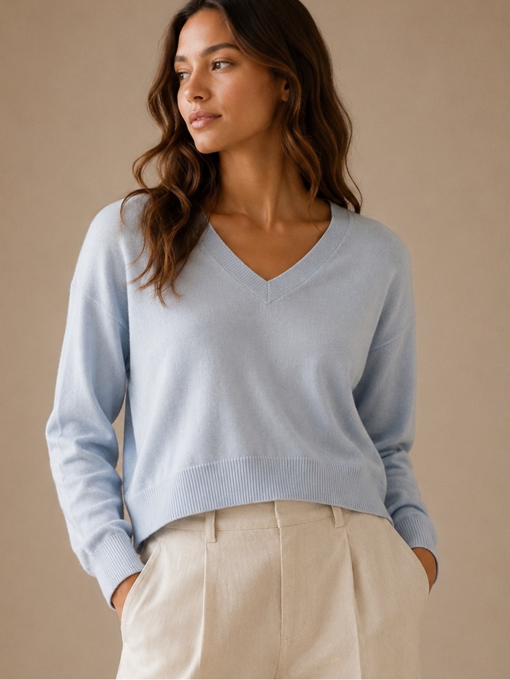 American Vintage Sky Blue V-Neck Cropped Cashmere Blend Large